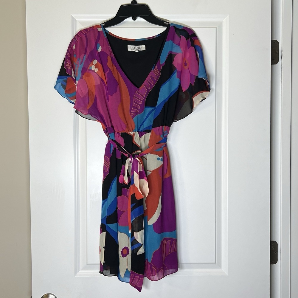 Y2K Tibi New York 100% Silk Mini Dress 4 Floral Abstract Print Kimono Sleeve